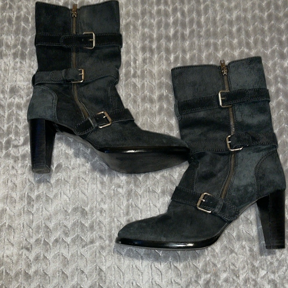 J Crew Miller Suede High-Heel Motorcycle Boot Black Size 8.5 Italy Retail $298‎